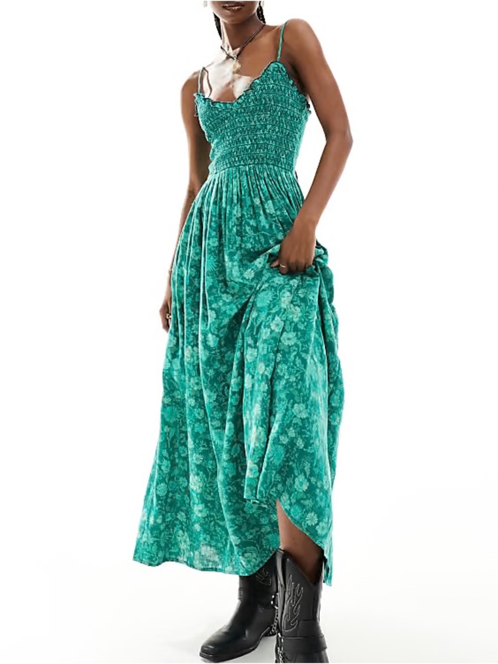 Free People Meduim shirred cami midaxi dress in turquoise